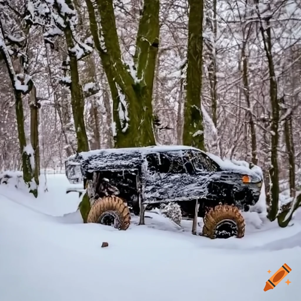 Young adult crashing a monster truck into a tree in a snowy blizzard