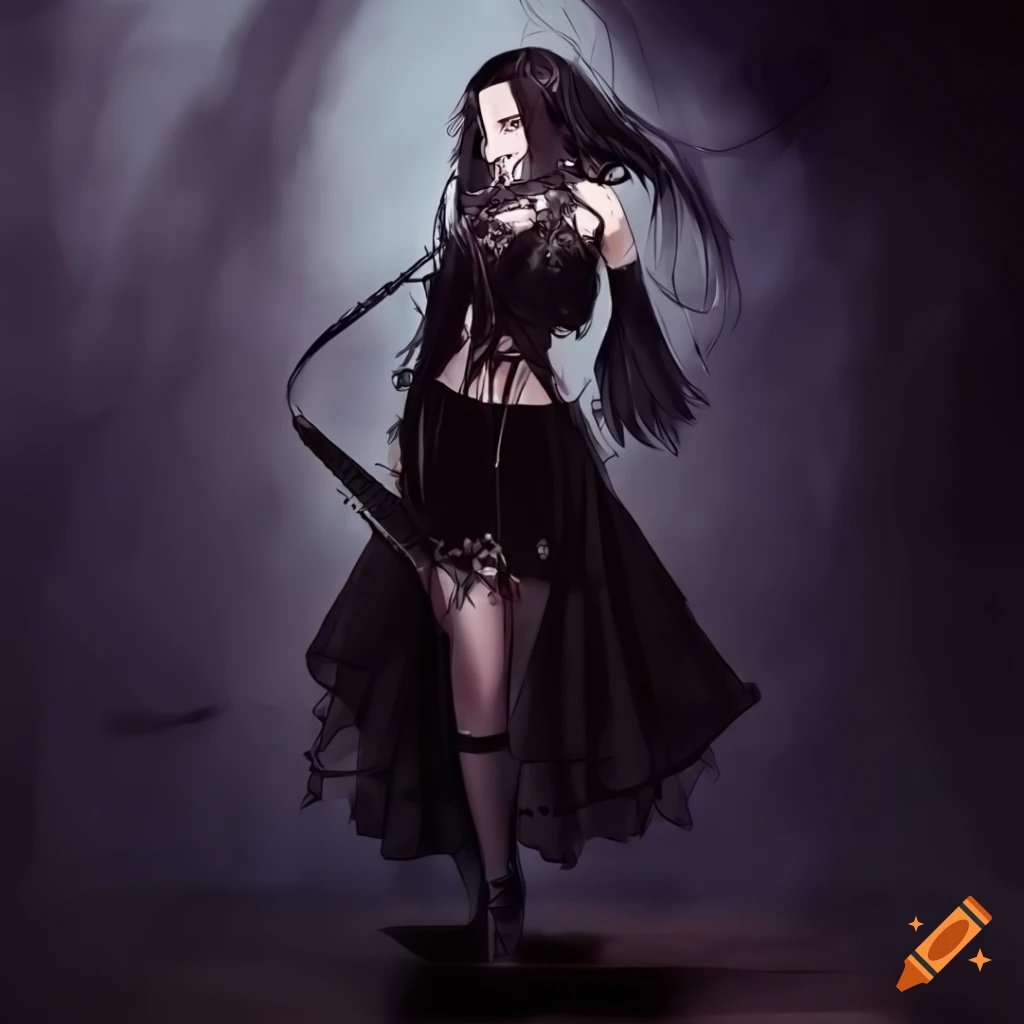 Gothic anime woman with bladed guitar in black outfit
