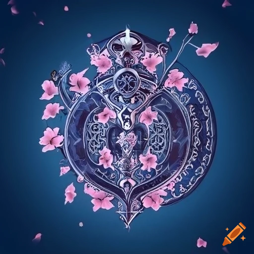 Stylized clan crest with dynamic sakura petals on navy blue background