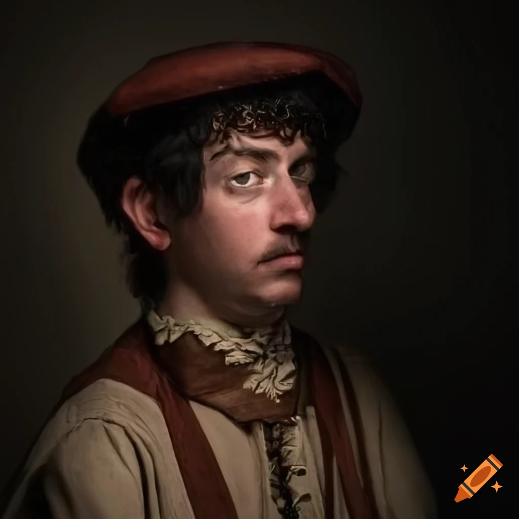 Portrait of scrappy Irish man in colonial clothing with cunning expression