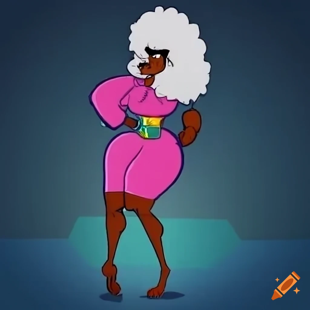 Anthro female poodle portrait with ebony skin and ivory hair in Hanna-Barbera cartoon style