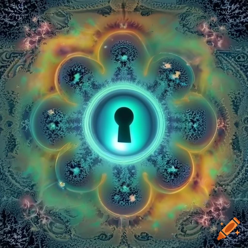 HD black keyhole shape surrounded by singularity in vibrant warm colors with cosmic fractals