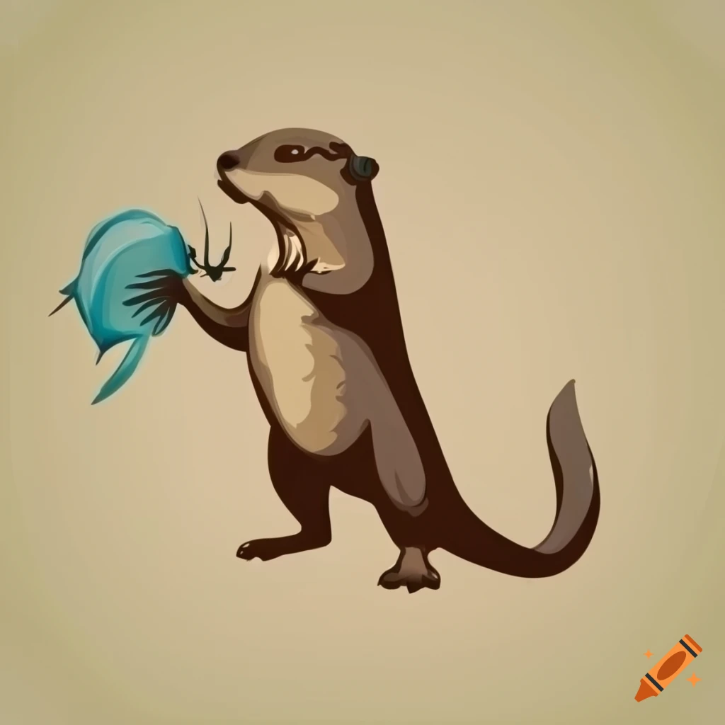 Stylized otter playing with a fish