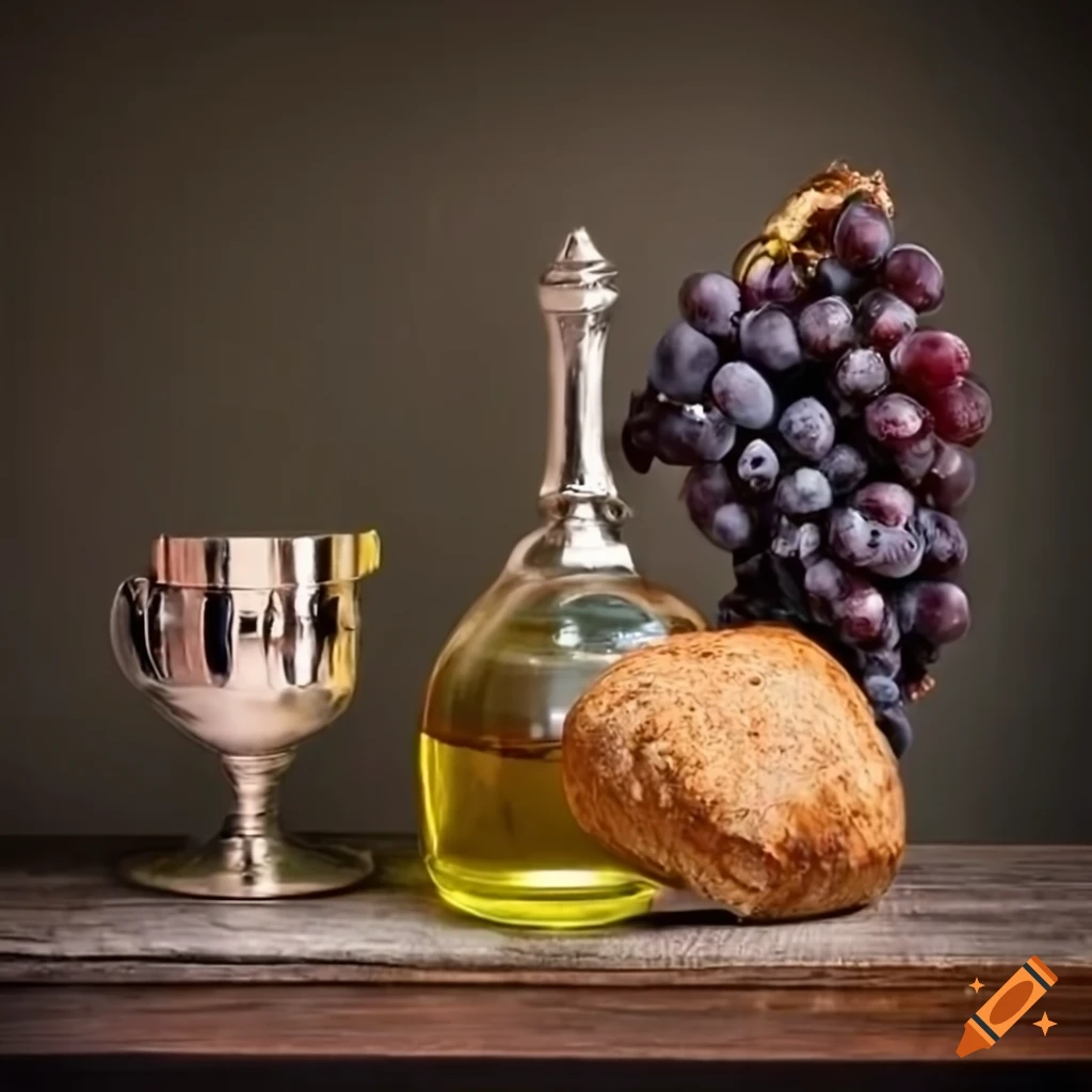 Classic still life with silver goblet, grapes, bread, and oil jug