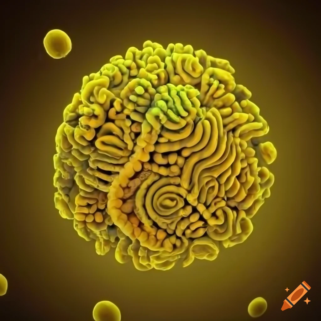 Yellow orange bacteria with tentacles from a top view