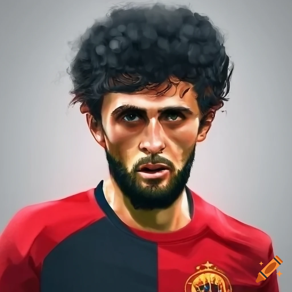 Spanish male soccer player with black hair and beard wearing red and