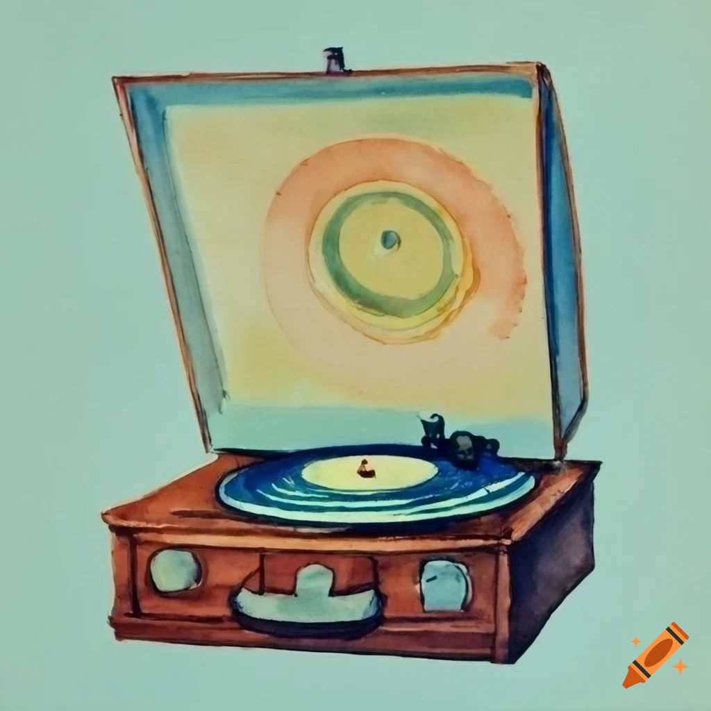 Vintage 1960's children's book illustration of a record player