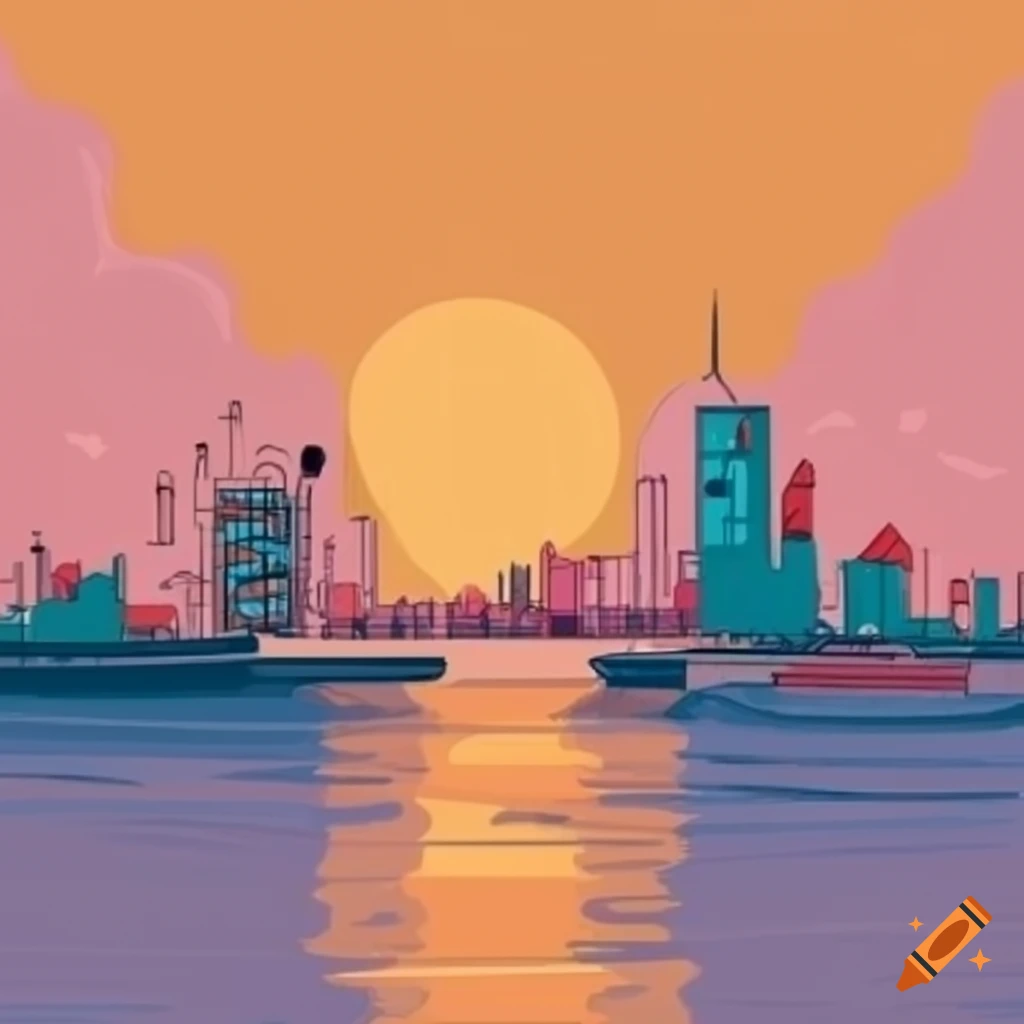 City harbor at sunrise in a flat sketchy style
