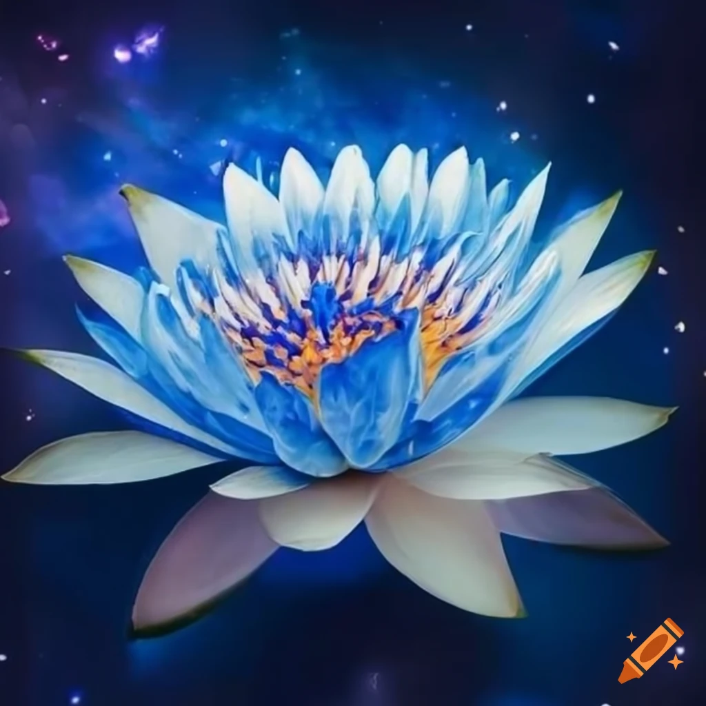 Enchanting blue and white lotus flower in a celestial setting