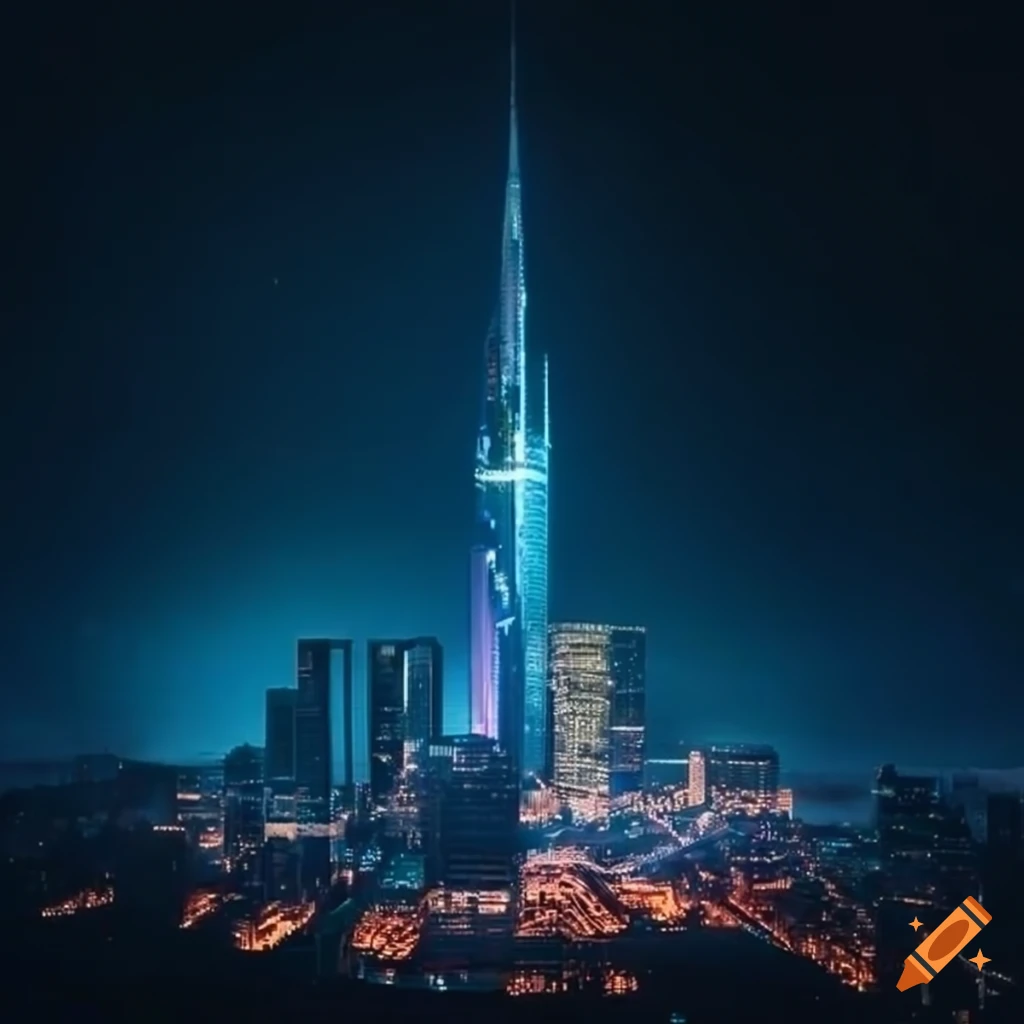 Technologically advanced metropolis with illuminated buildings at night ...