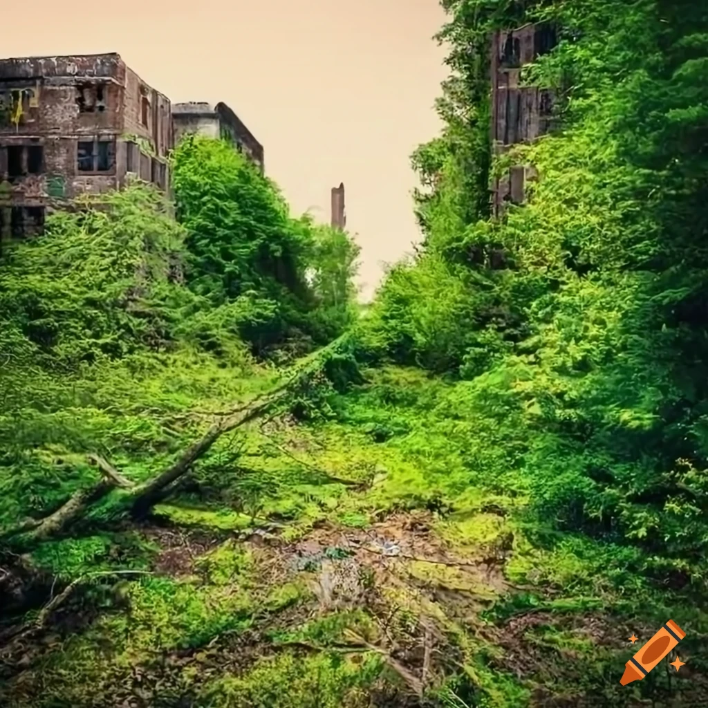 Abandoned city landscape overgrown with vegetation and fallen trees on ...