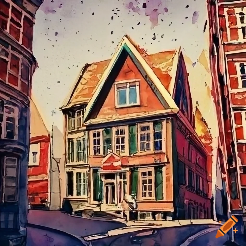 Shattered watercolor of Norwegian architecture featuring Garfield