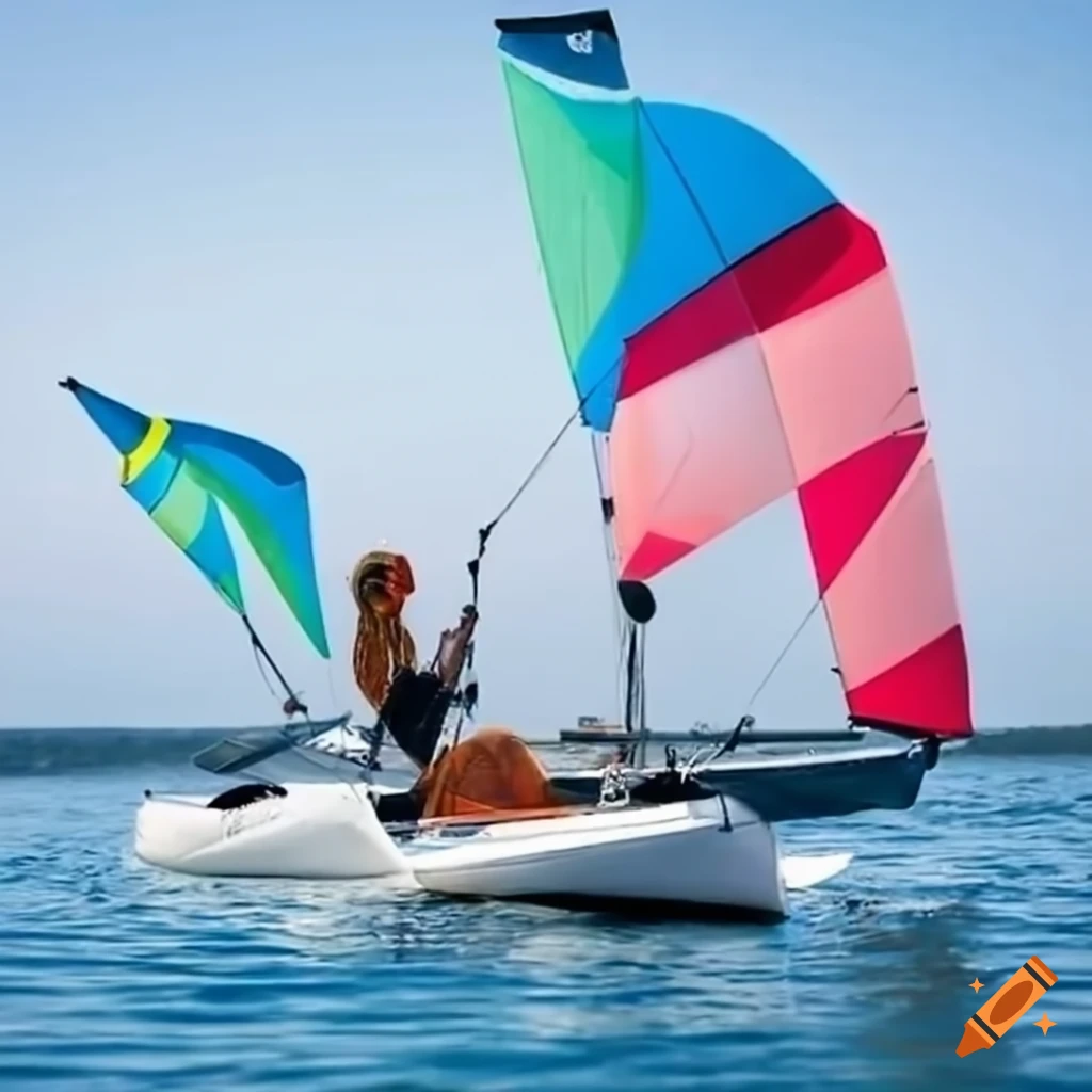 Hobie Cat 16 sailing on a clear lake under the sun with boat