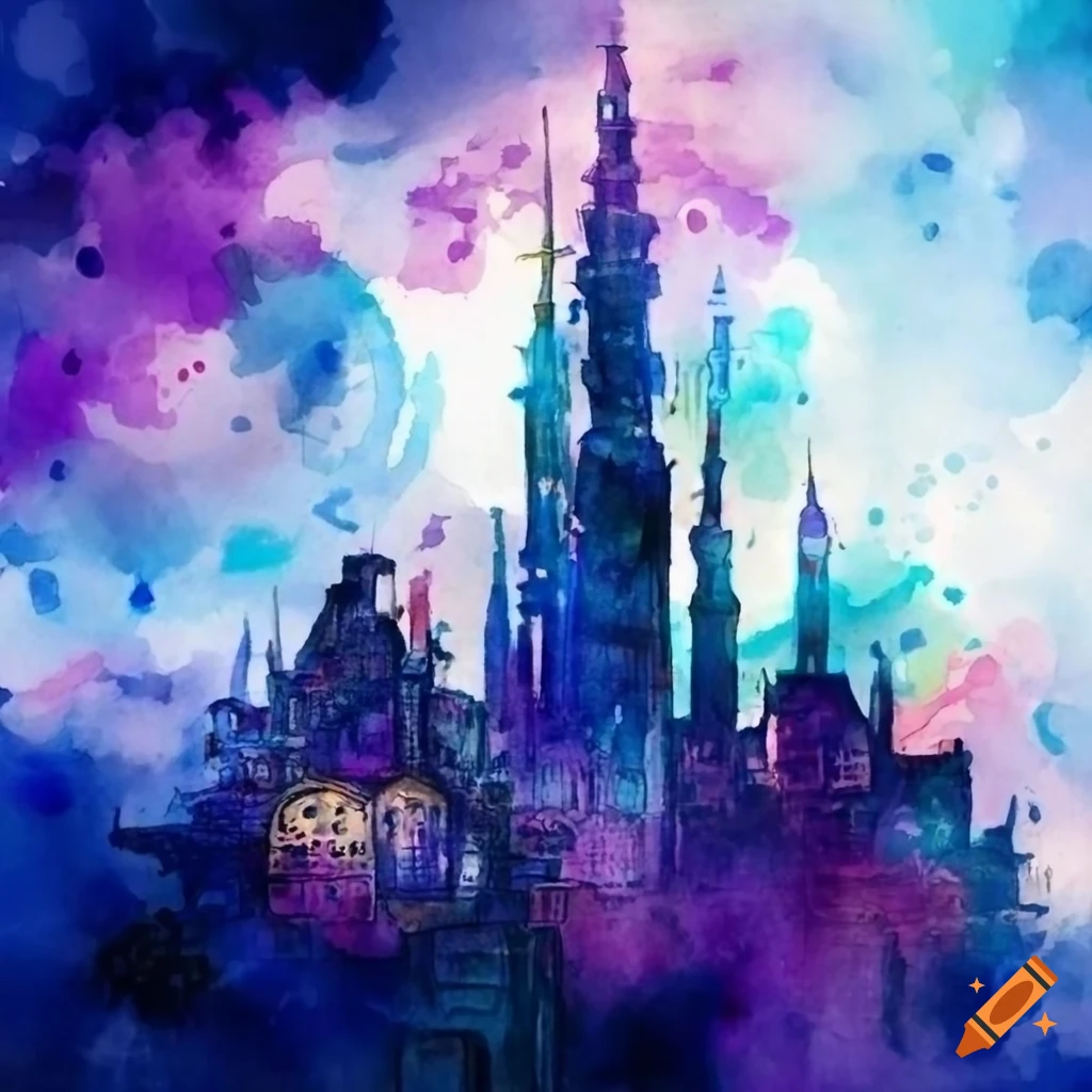 Steampunk city in the sky in a watercolor style on Craiyon