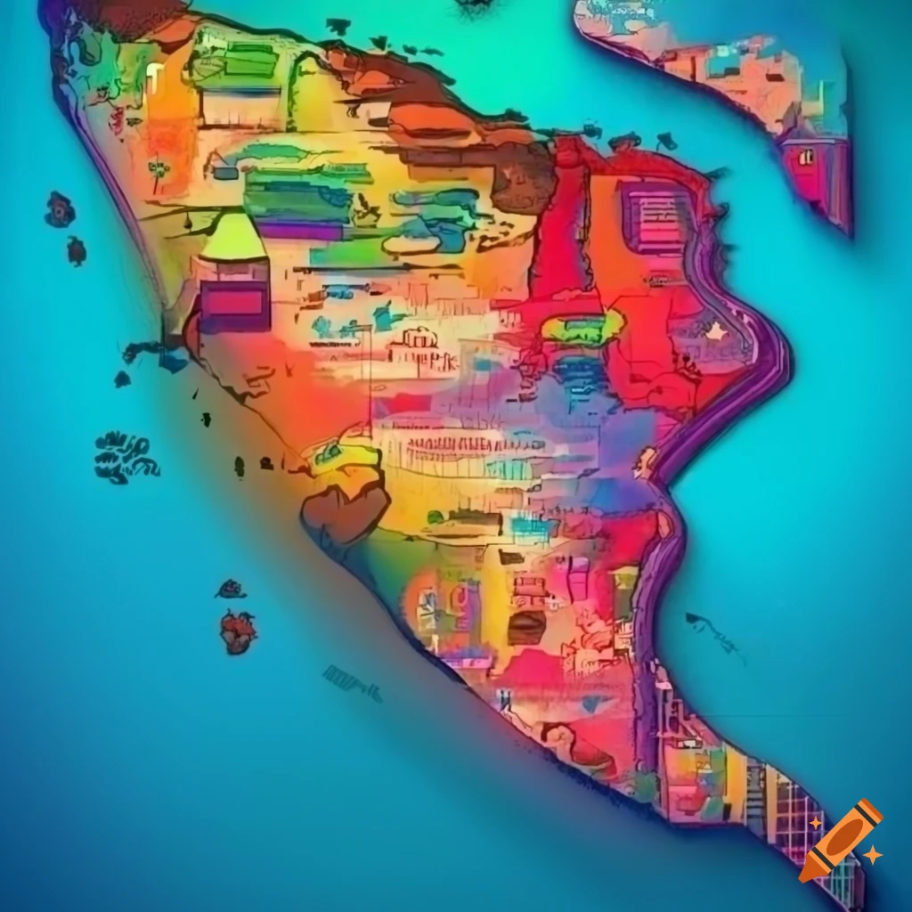 Vibrant infographic map of cultural symbols from Argentina, Bolivia, Brazil, Chile, Paraguay, Peru, and Uruguay