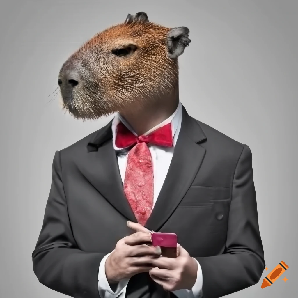 Capybara in a black suit, white shirt, and red tie on a white background