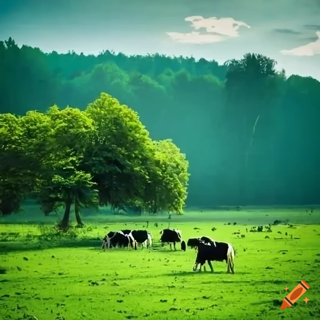 Peaceful scene of cows grazing in a lush green dairy farm