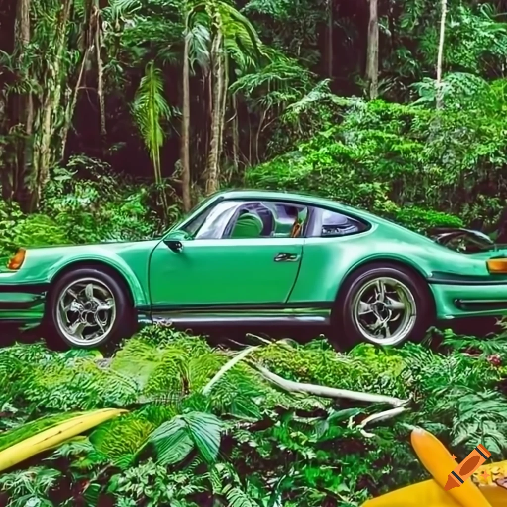 Green Porsche 911 Turbo with surfboard on top at the beach
