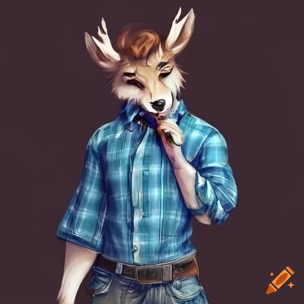 Male anthro deer fursoma in blue plaid shirt and jeans holding a book