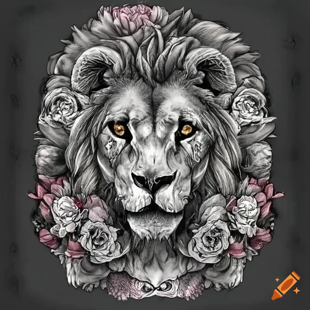 Lion with a pocket watch, roses, and skulls tattoo on Craiyon