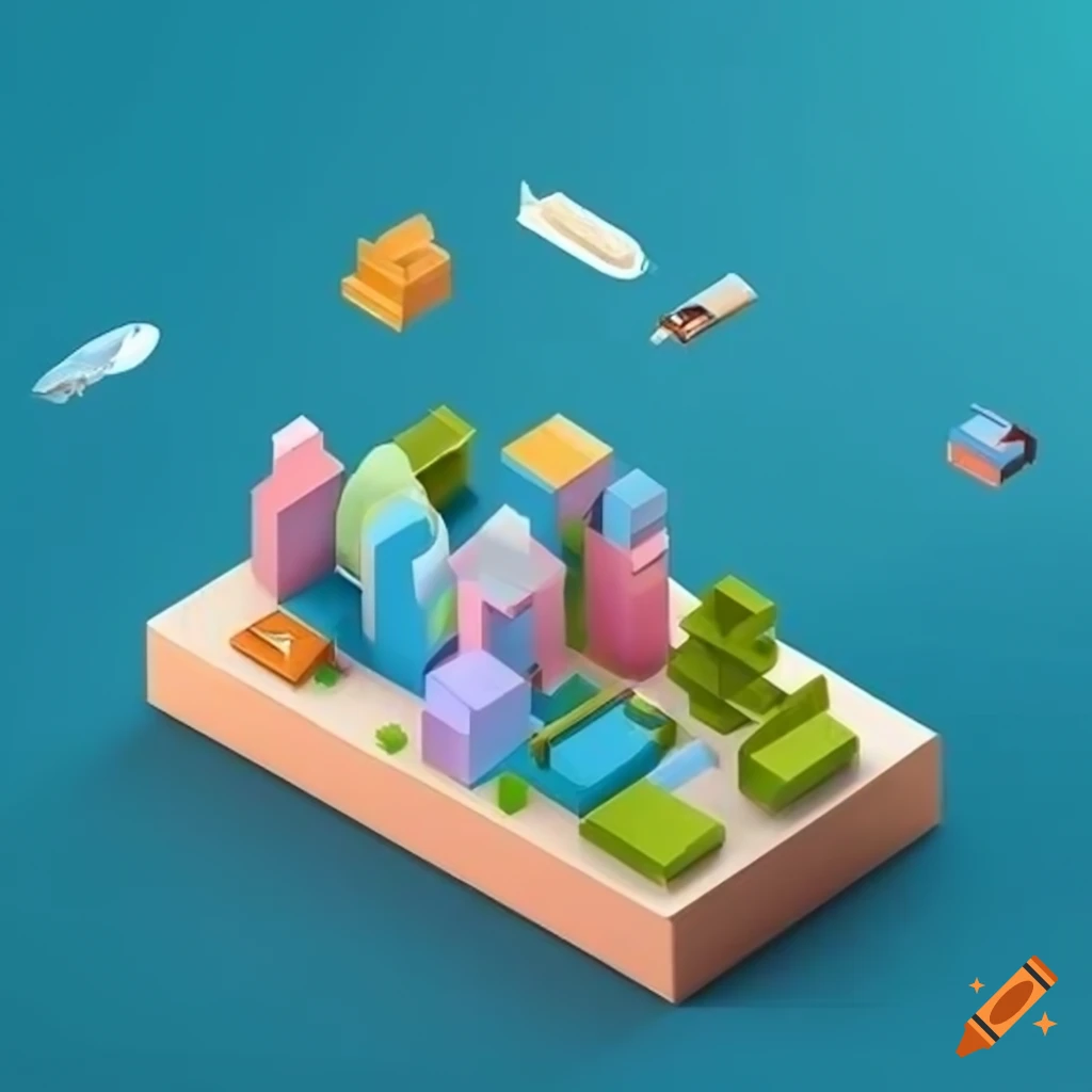 3D isometric landscape of packaging elements for a platform celebrating 10 years