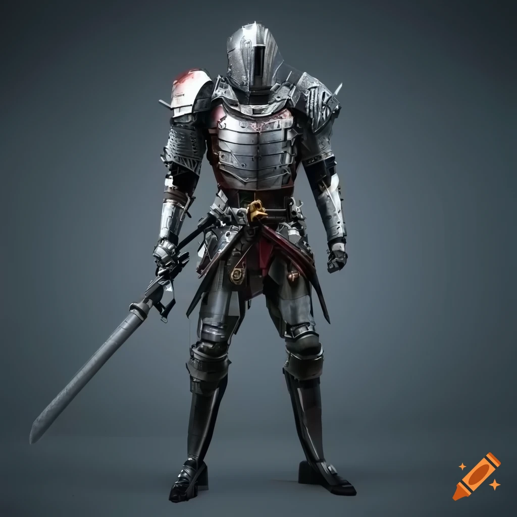 Cybernetic knight in red armor holding a weapon against plain background
