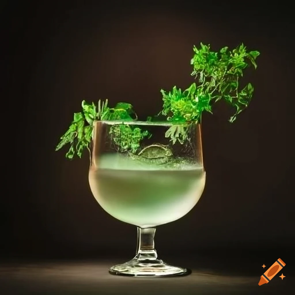 Lucid absinthe cocktail with wormwood garnish in an elegant glass on ...