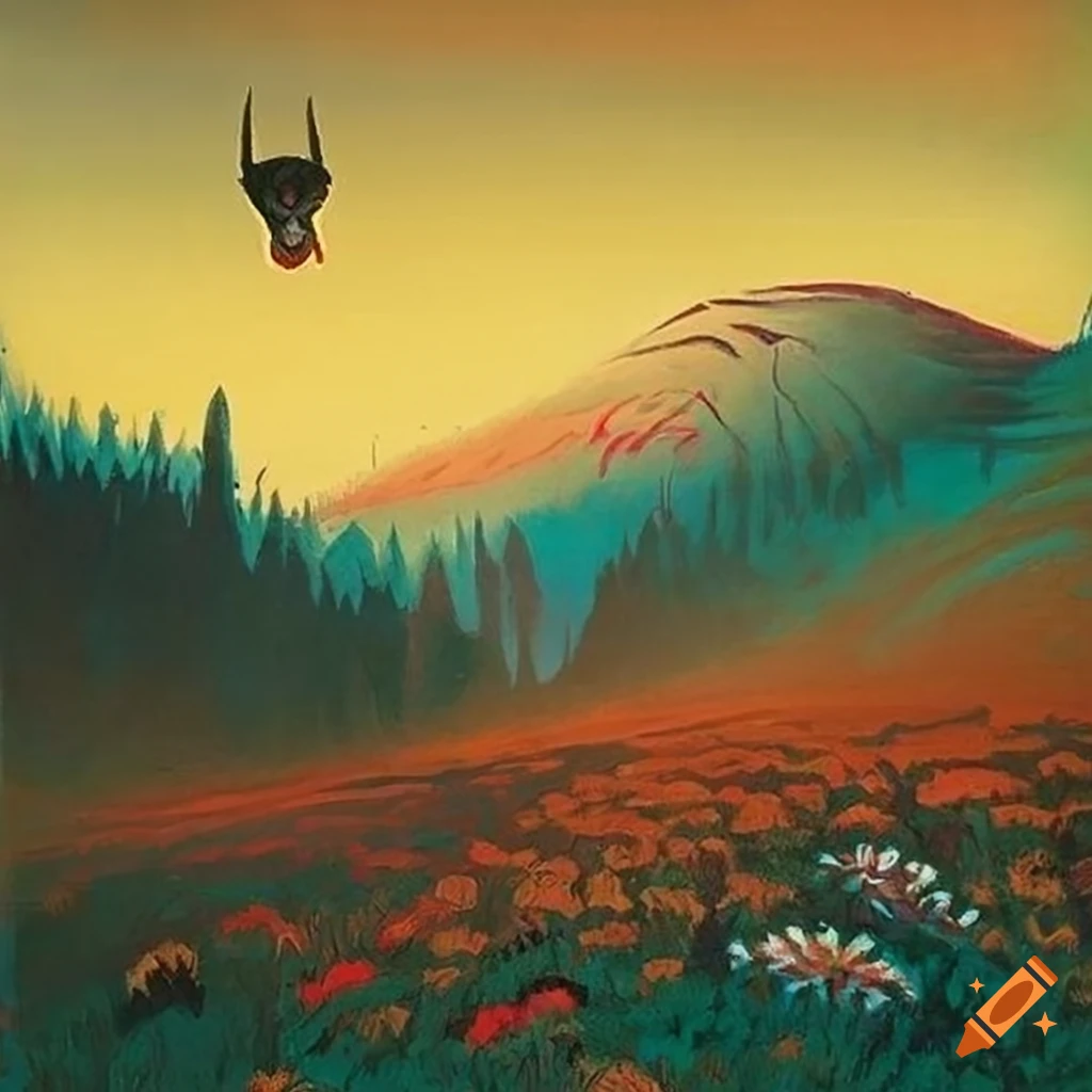Colorful serigraph with native Salish motifs and fantasy creatures inspired by Theodor Kittelsen and Zozistaw