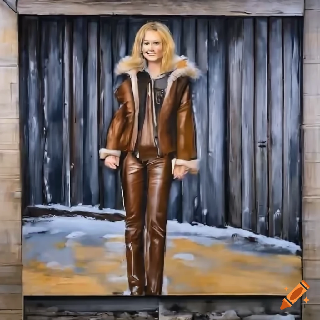 Young woman in brown sheepskin jacket and black leather trousers standing in barn doorway
