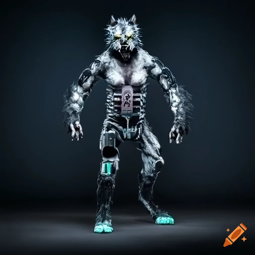 Cybernetic werewolf against a plain background