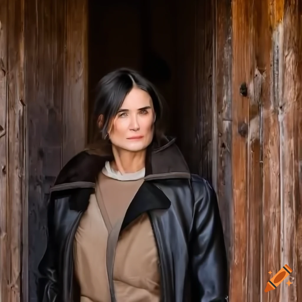 Actress in sheepskin bomber jacket and leather trousers standing in barn doorway