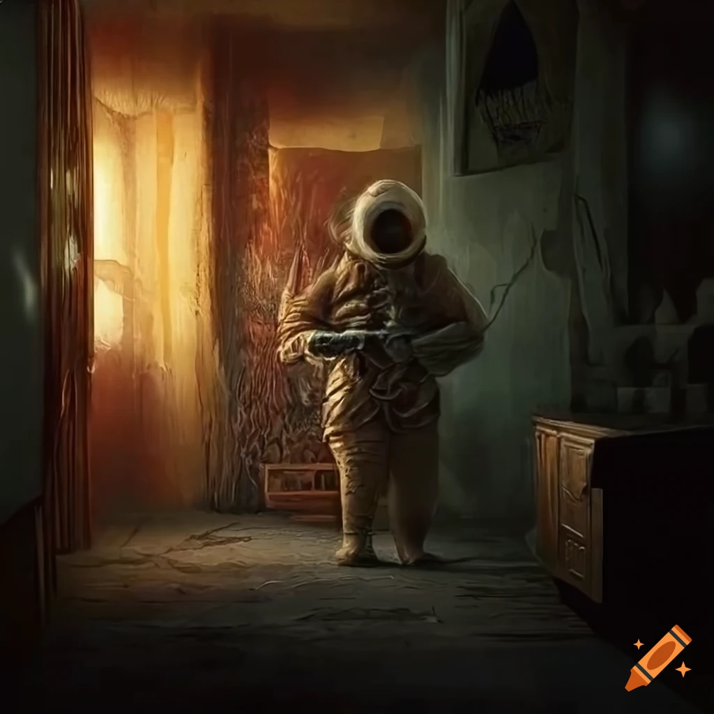 Intricate hyper-realistic ultra-modern haunted motel with a mysterious astronaut and an ancient eldritch Broken-Doll God