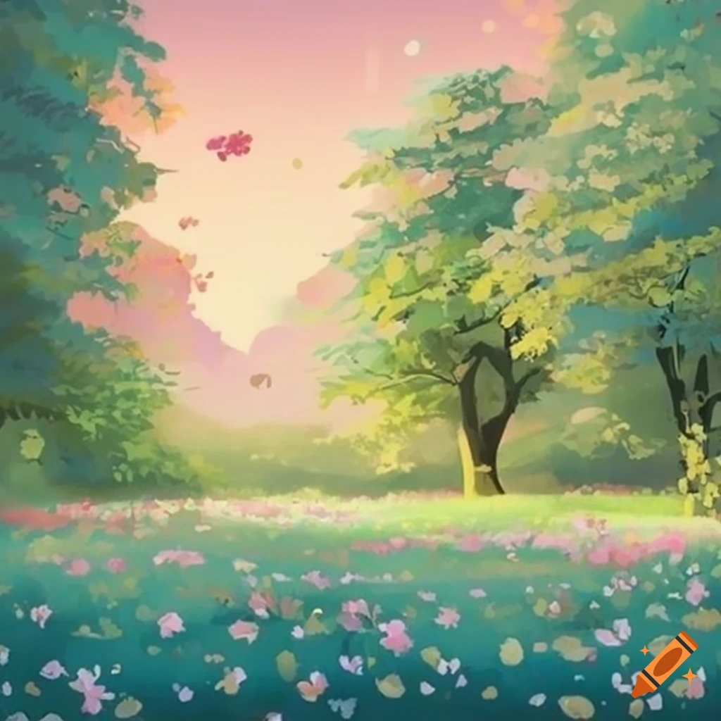 Pastel banner featuring trees and flowers