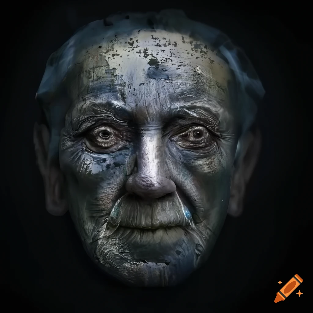 Highly detailed image of an elderly male android with damaged and ...