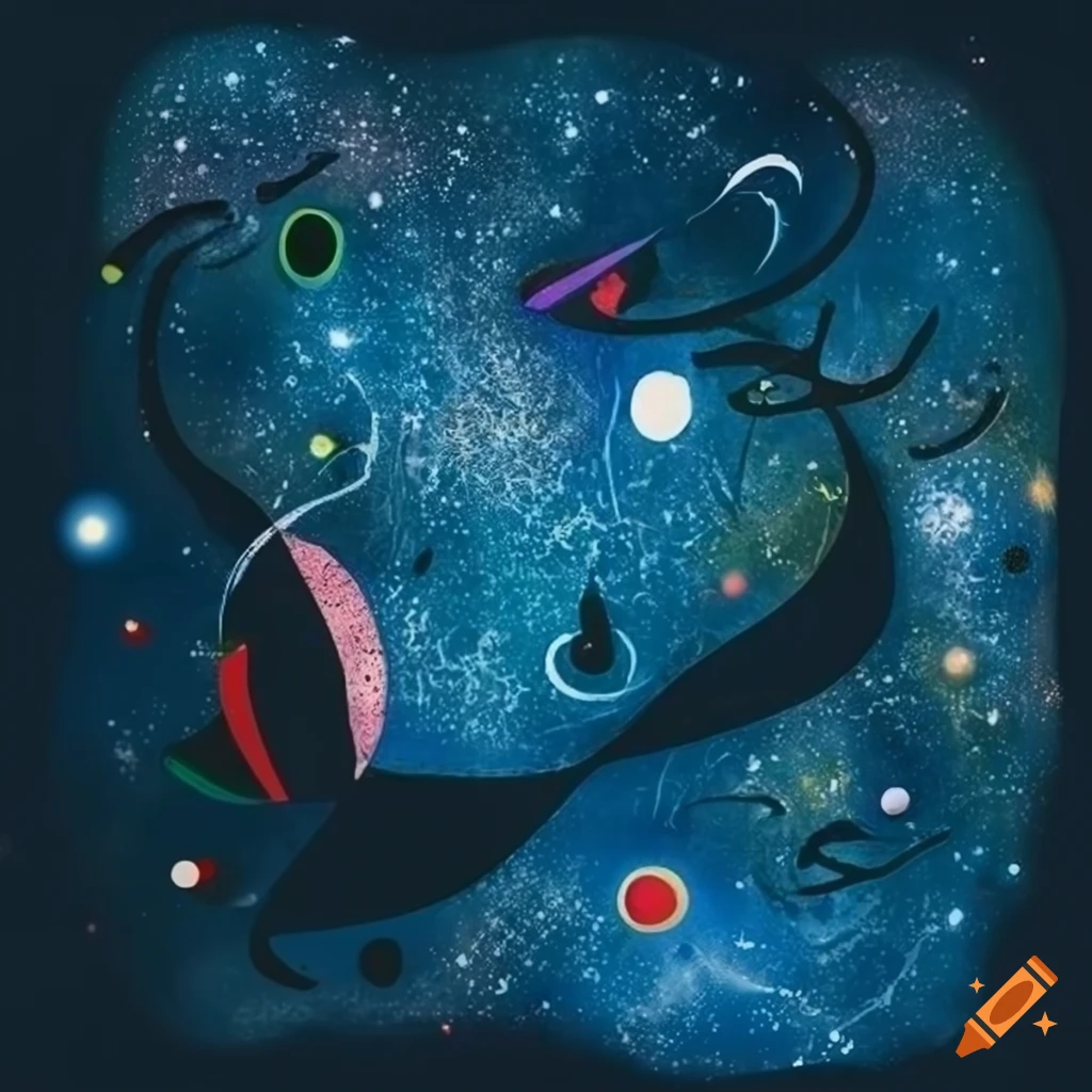 Surrealist cosmic creatures and plants in Miro painting style with red, yellow, white, and blue colors on a textured background