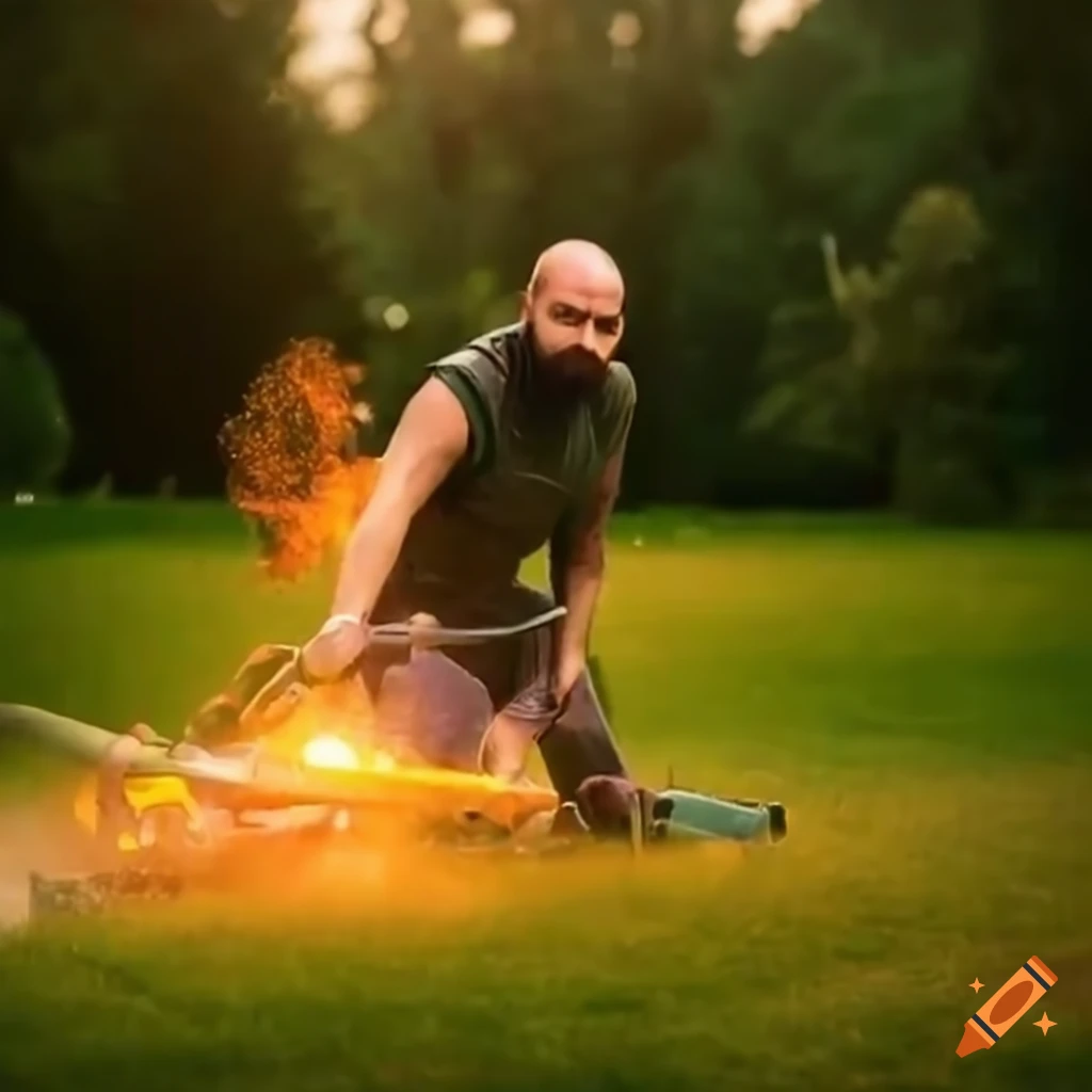 Bearded man mowing his lawn with a flaming reel mower