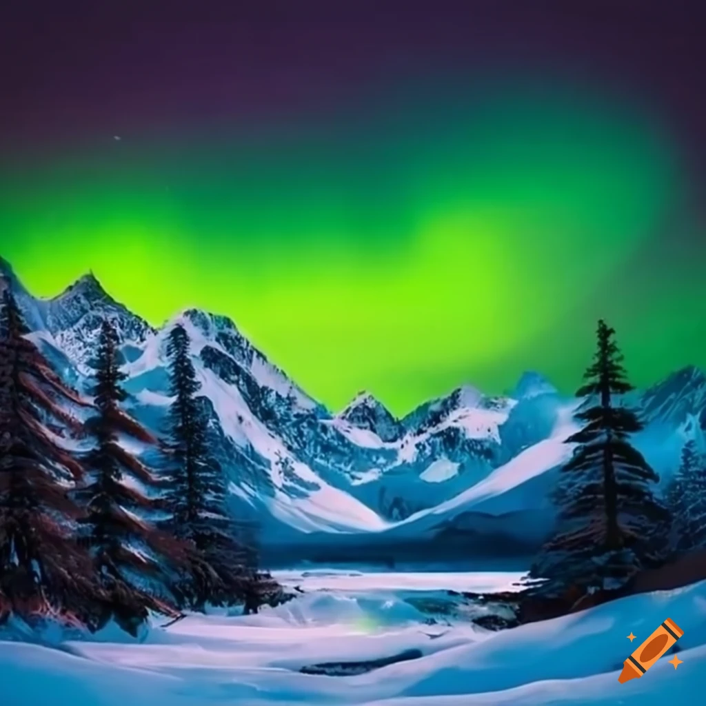 Winter night with vibrant northern lights above snowy mountains in Bob Ross style