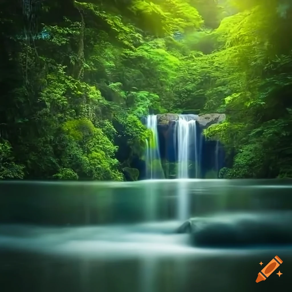 Lush Amazon rainforest with waterfall and diverse wildlife