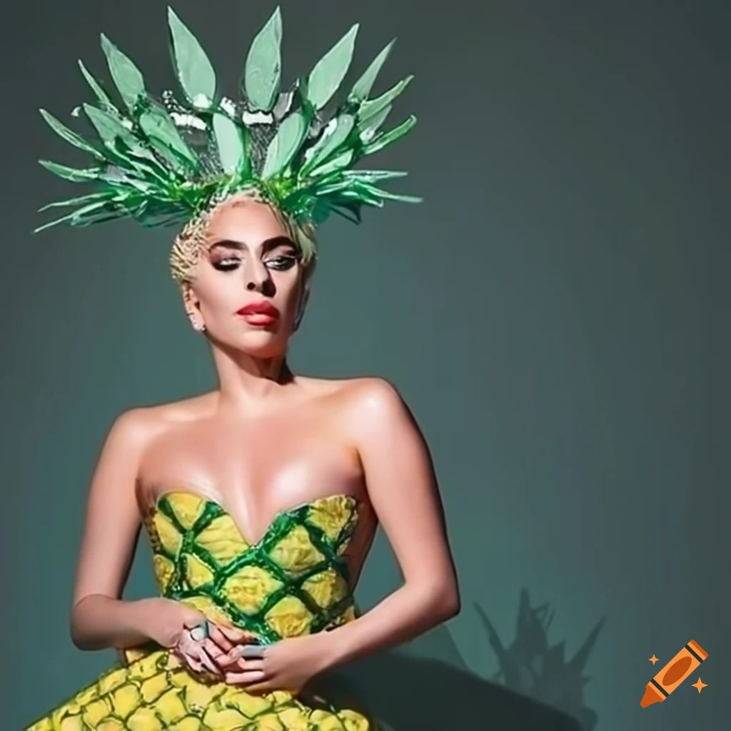 Lady gaga pineapple dress with spikey green leaf tiara on Craiyon Lady gaga pineapple dress with spikey green leaf tiara on Craiyon