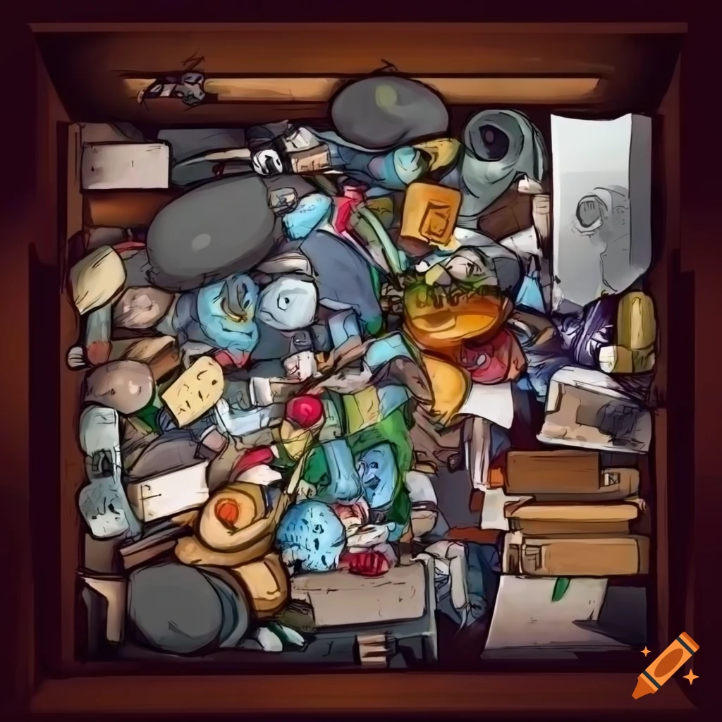 View from above of a crowded junk drawer