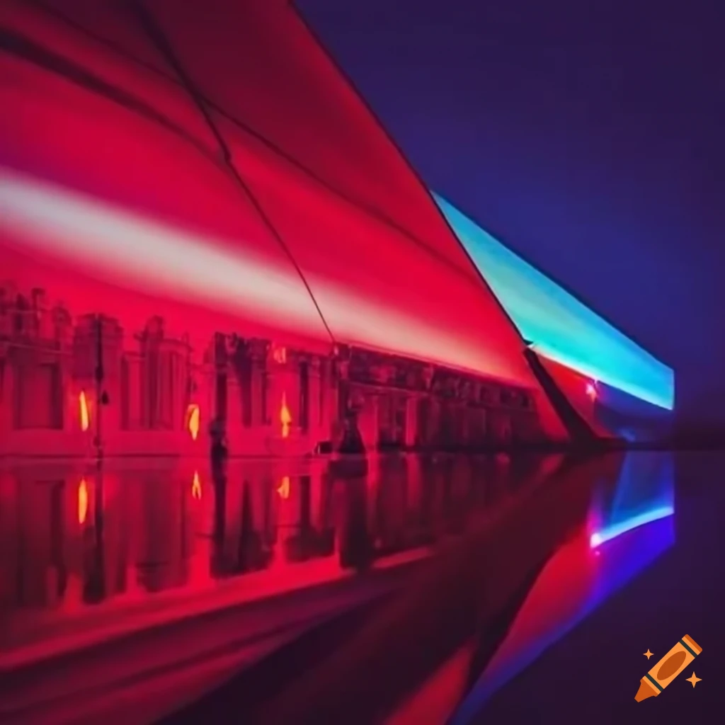 Performance art with red and blue light beams on the Louvre facade by Pierre Lescot