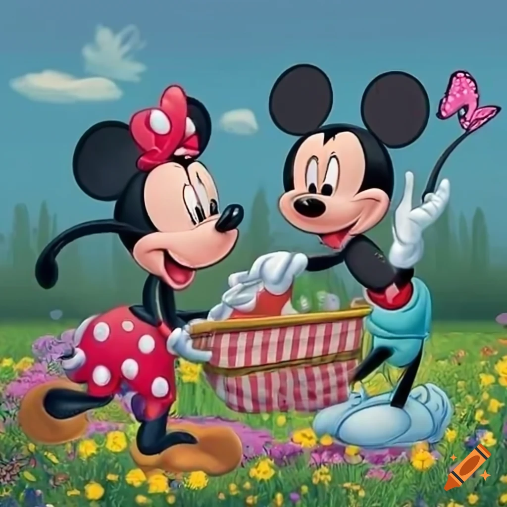 Mickey and Minnie Mouse having a picnic in a beautiful meadow with flowers