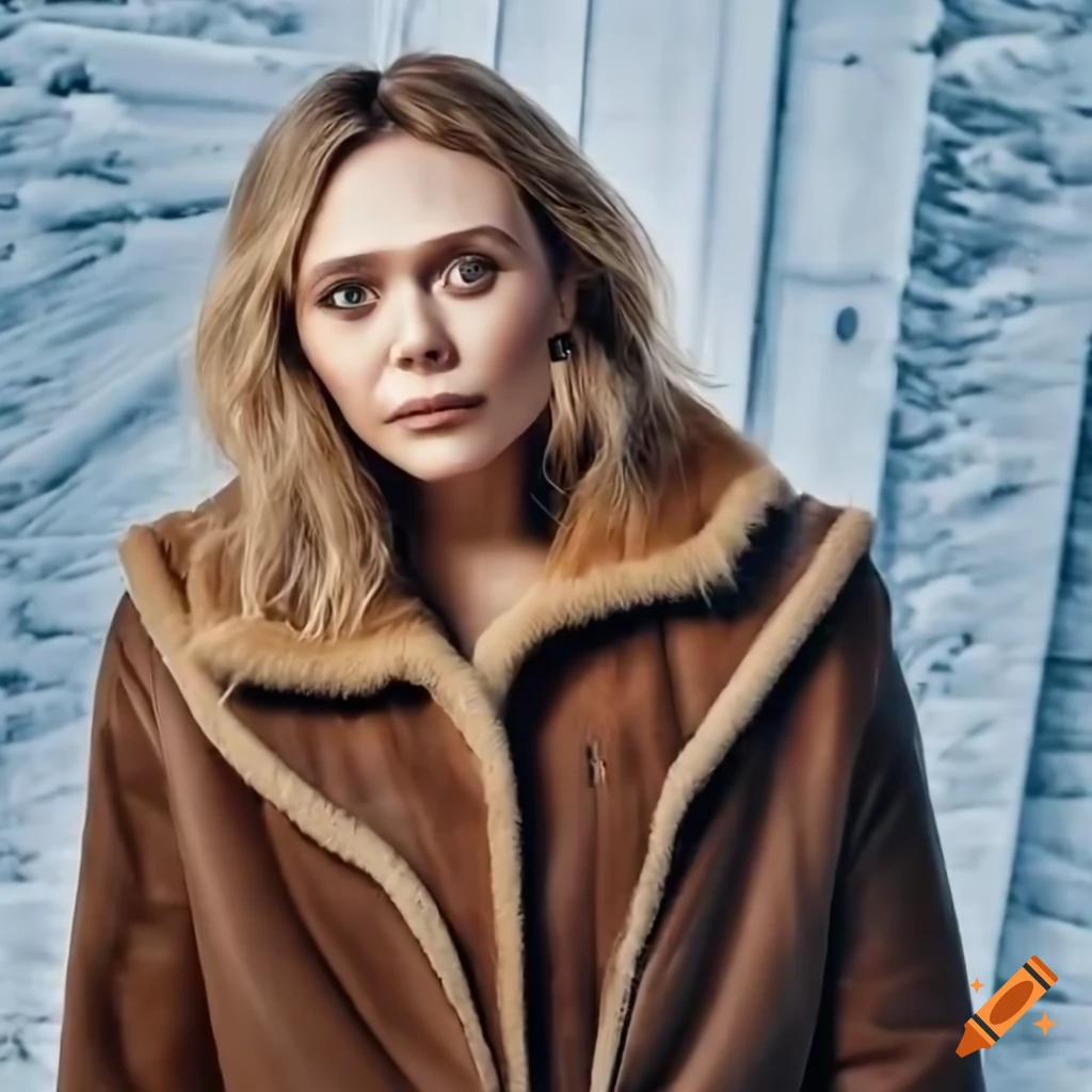 Young woman in sheepskin bomber jacket and leather trousers standing in barn doorway