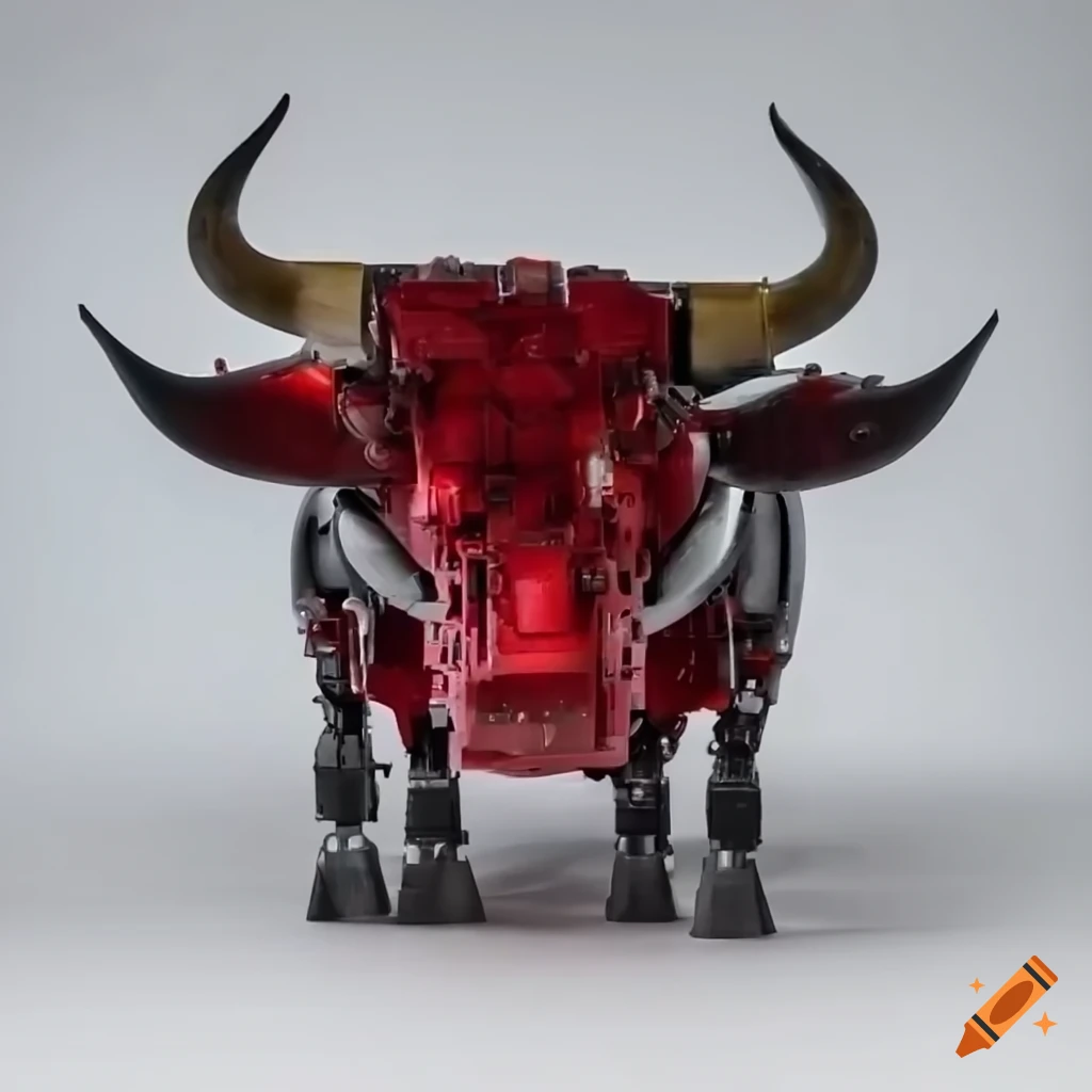 Cybernetic bull in red on a white background