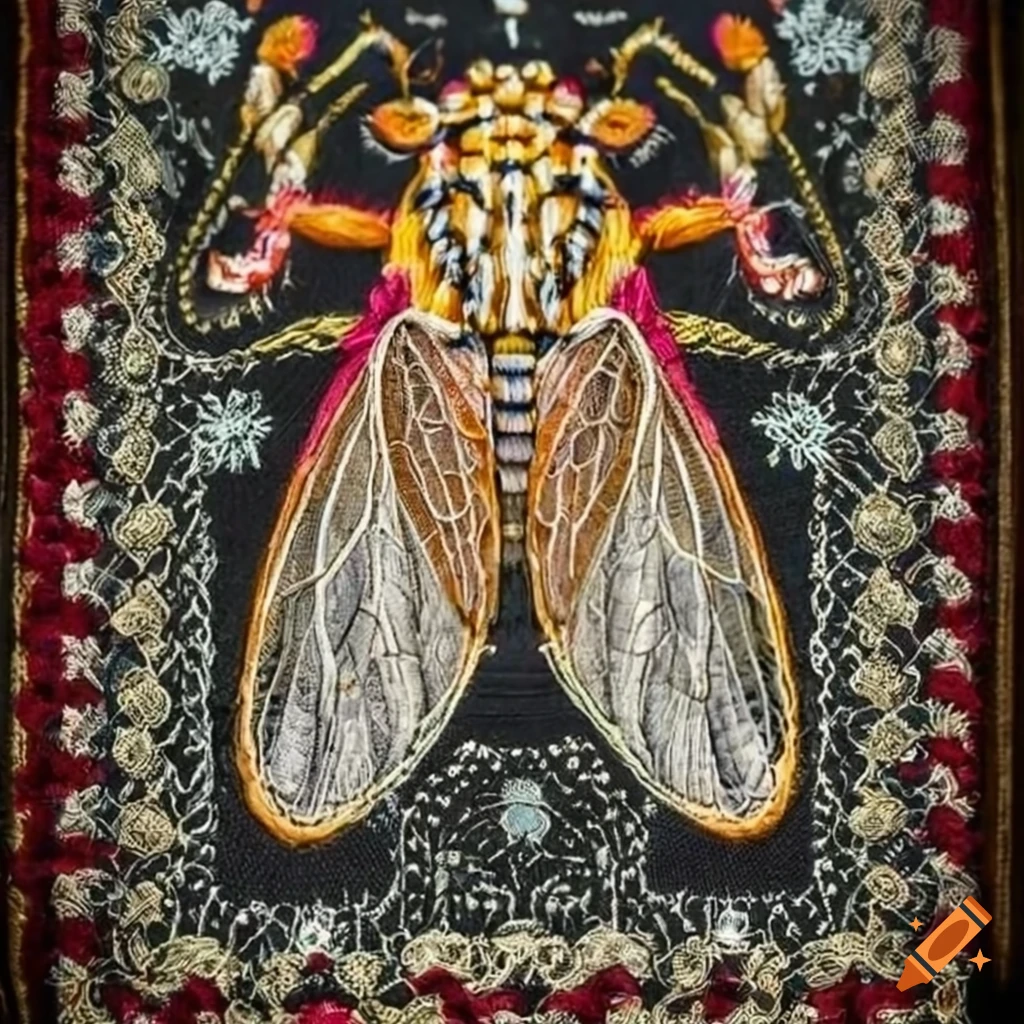 Intricately-detailed embroidery of a cicada on a colonial design on Craiyon