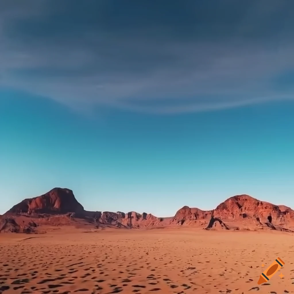 Desert landscape with mountains under a blue sky conveying speed on Craiyon