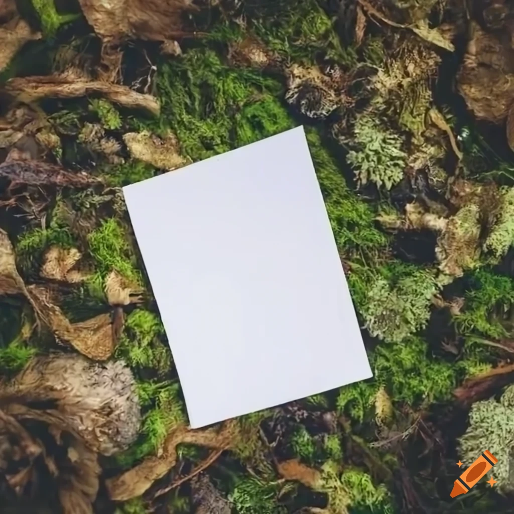 Top-down view of two white papers in a mossy dark forest