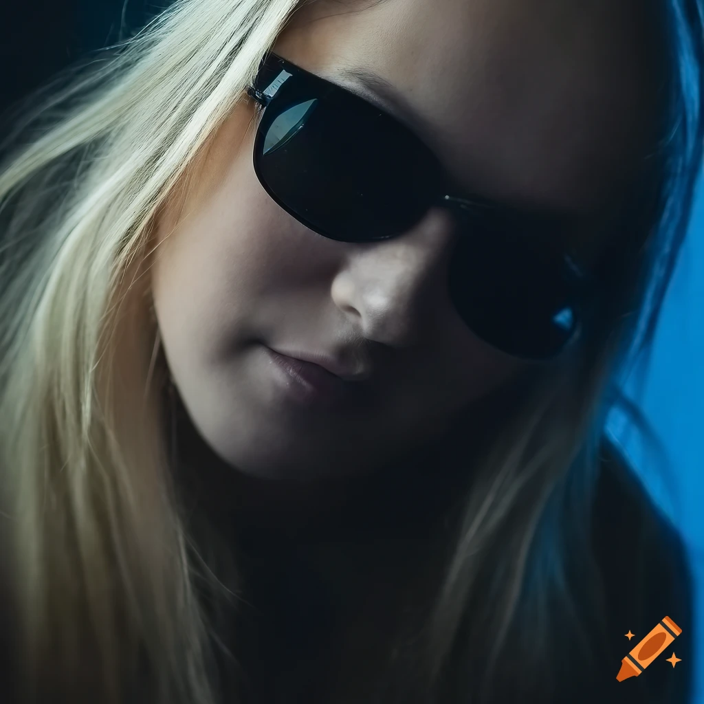 Blonde Swedish model with black sunglasses in a close-up photo
