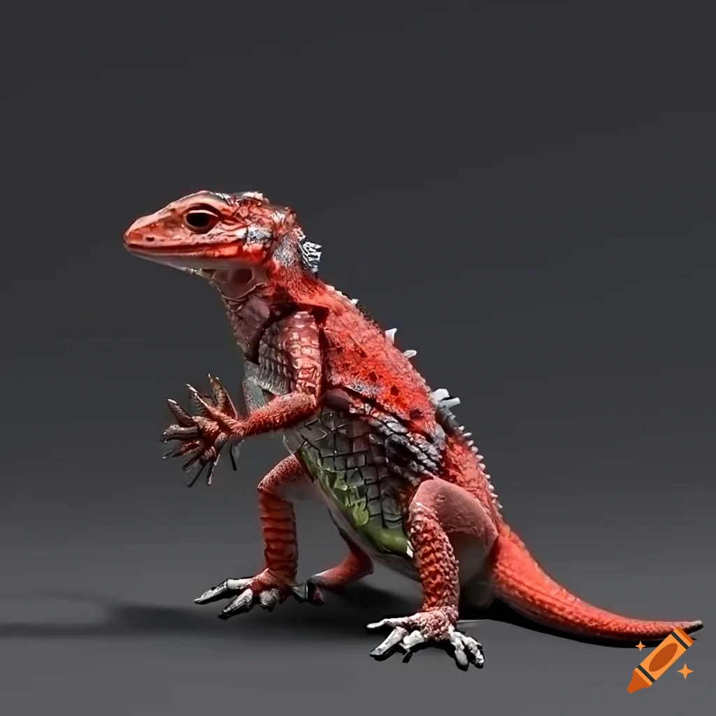Red cybernetic lizard on a white background