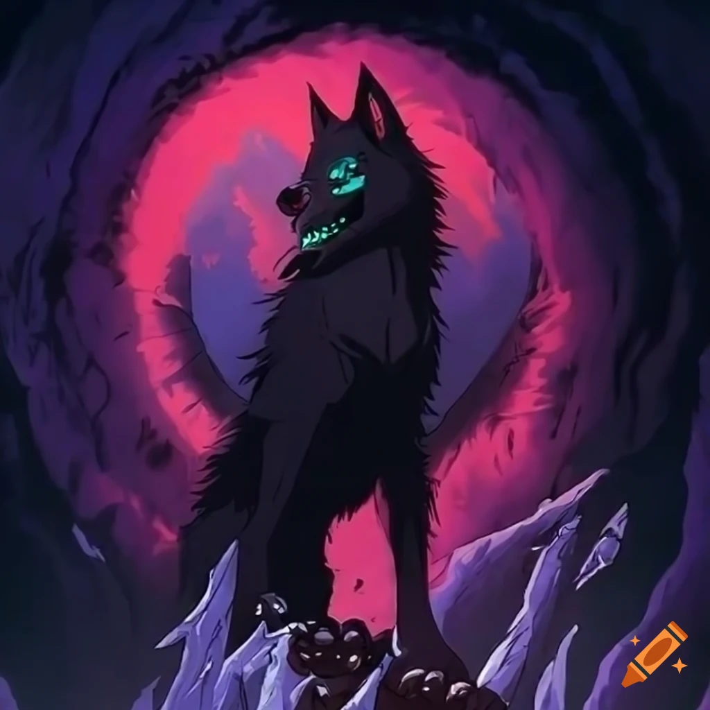 Anthropomorphic black wolf character in 80s fantasy anime style on Craiyon